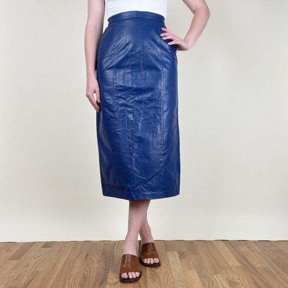 Vintage Leather Midi Column Skirt High Rise Waisted Blue Made In Canada 70s 80s - Picture 1 of 7